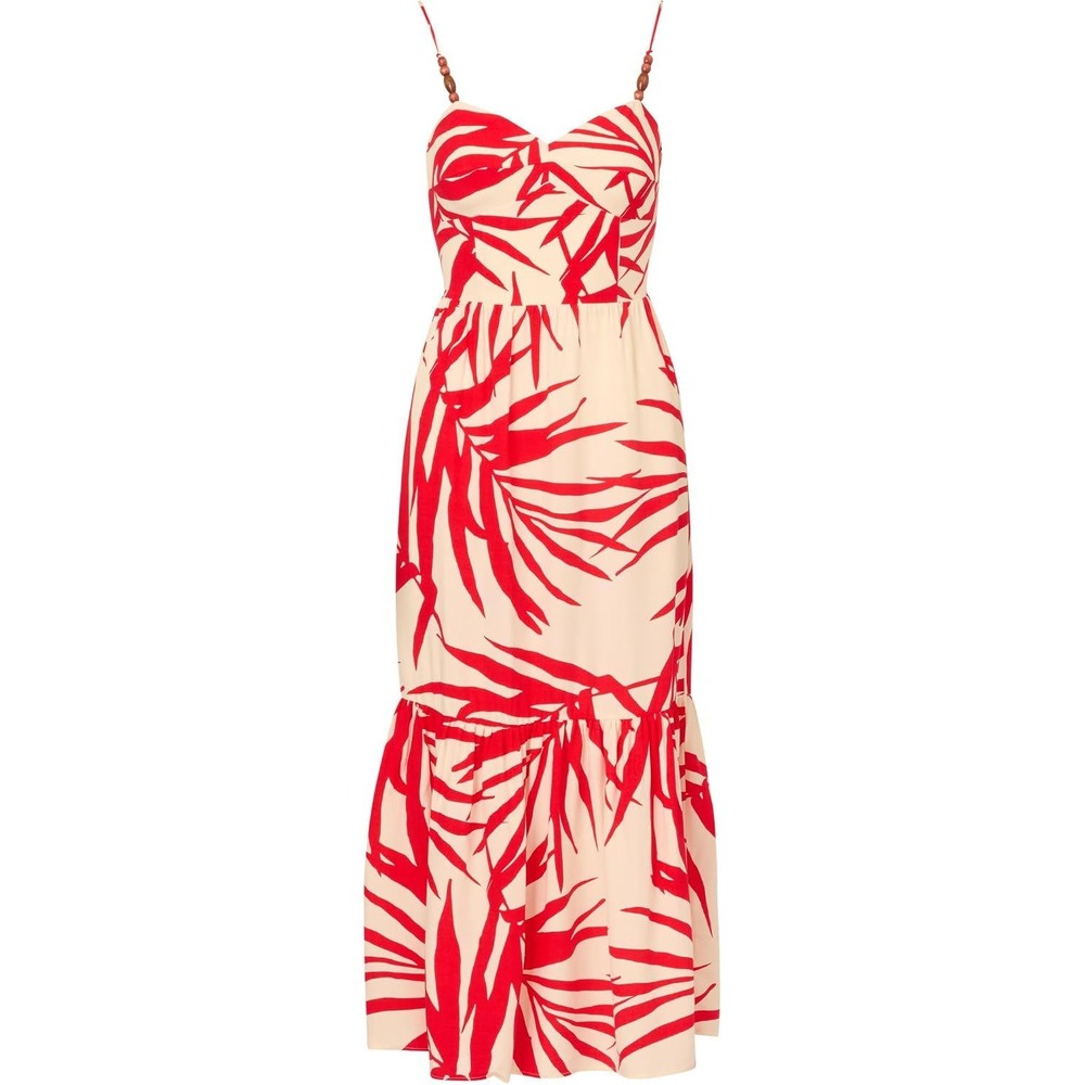 Adrianna Papell Red Ivory Tropical Leaf Printed Midi Dress Size 16 NWT